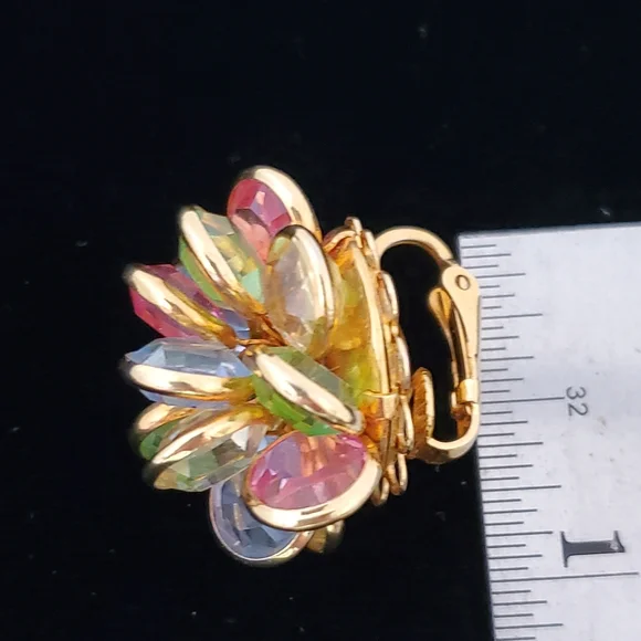 Vintage Pastel Crystal Cluster Earrings Uranium Glass Multi-layer - Picture 8 of 9